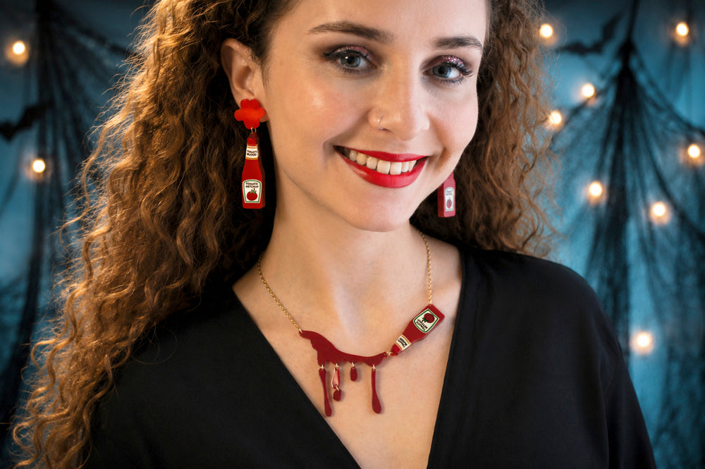 Ketchup blood cascade necklace detail — horror movie acrylic illustrated wood jewelry — LaliBlue Midnight Cinema