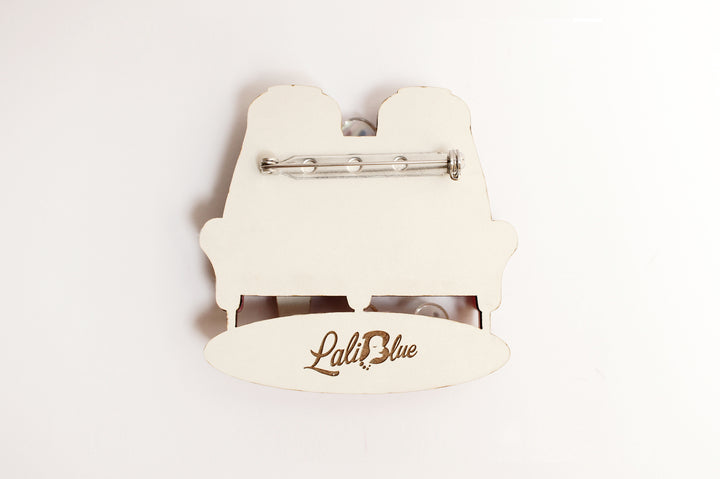 Headless cinema viewer brooch size reference — Halloween movie audience acrylic illustrated wood jewelry — LaliBlue Midnight Cinema