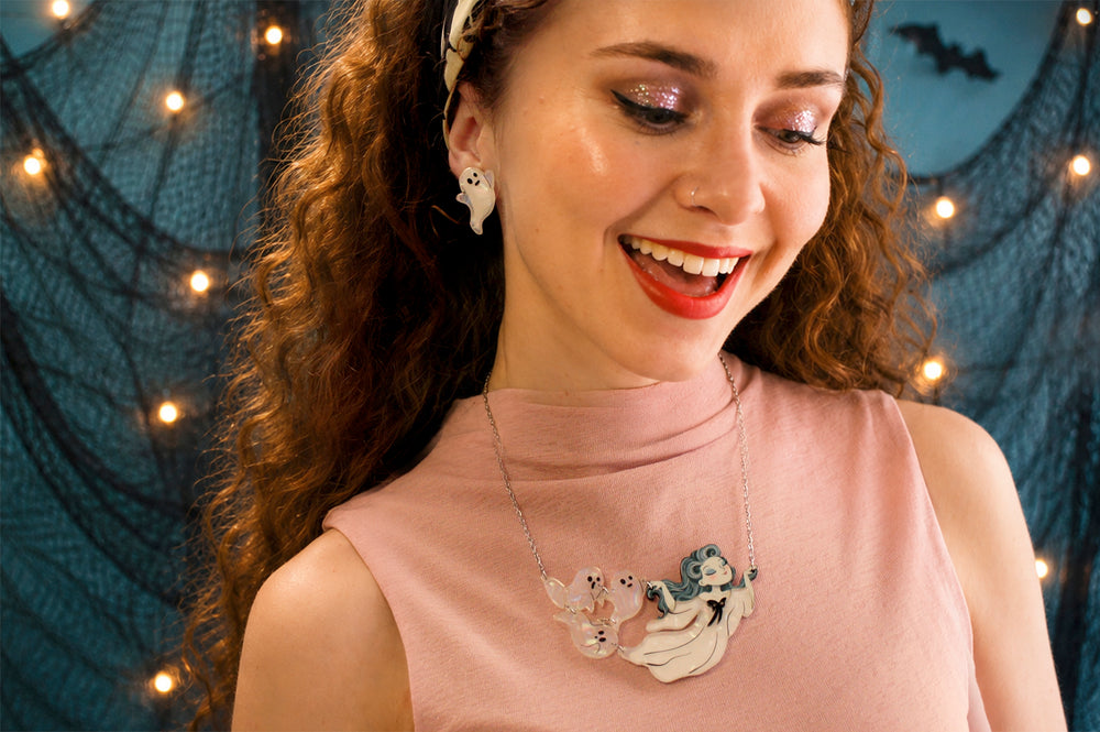 Ghost gang necklace detail — diva ghost girl and floating crew — articulated Halloween jewelry — LaliBlue Midnight Cinema