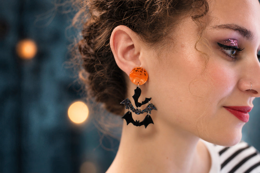 Halloween moon and bats earrings detail — spooky celestial acrylic jewelry — LaliBlue Midnight Cinema
