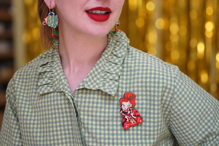 Candy cane girl brooch layers, LaliBlue Christmas jewelry, acrylic jewelry