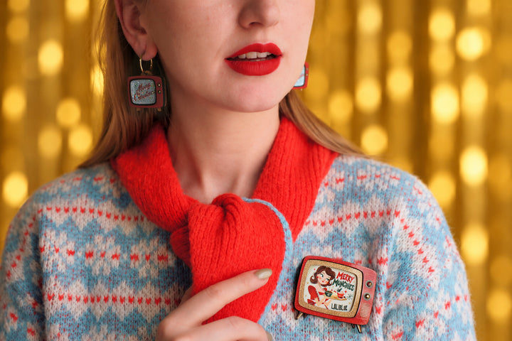 Merry Munchies brooch detail, LaliBlue Christmas jewelry, pin-up, retro TV