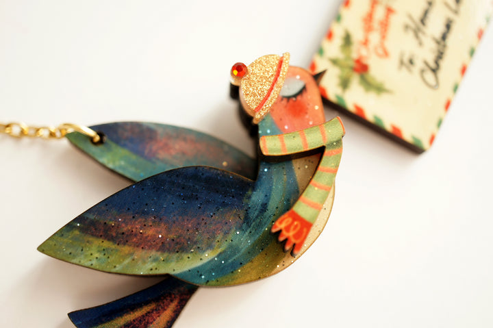 Christmas letter swallow necklace worn, LaliBlue Christmas jewelry, bird necklace