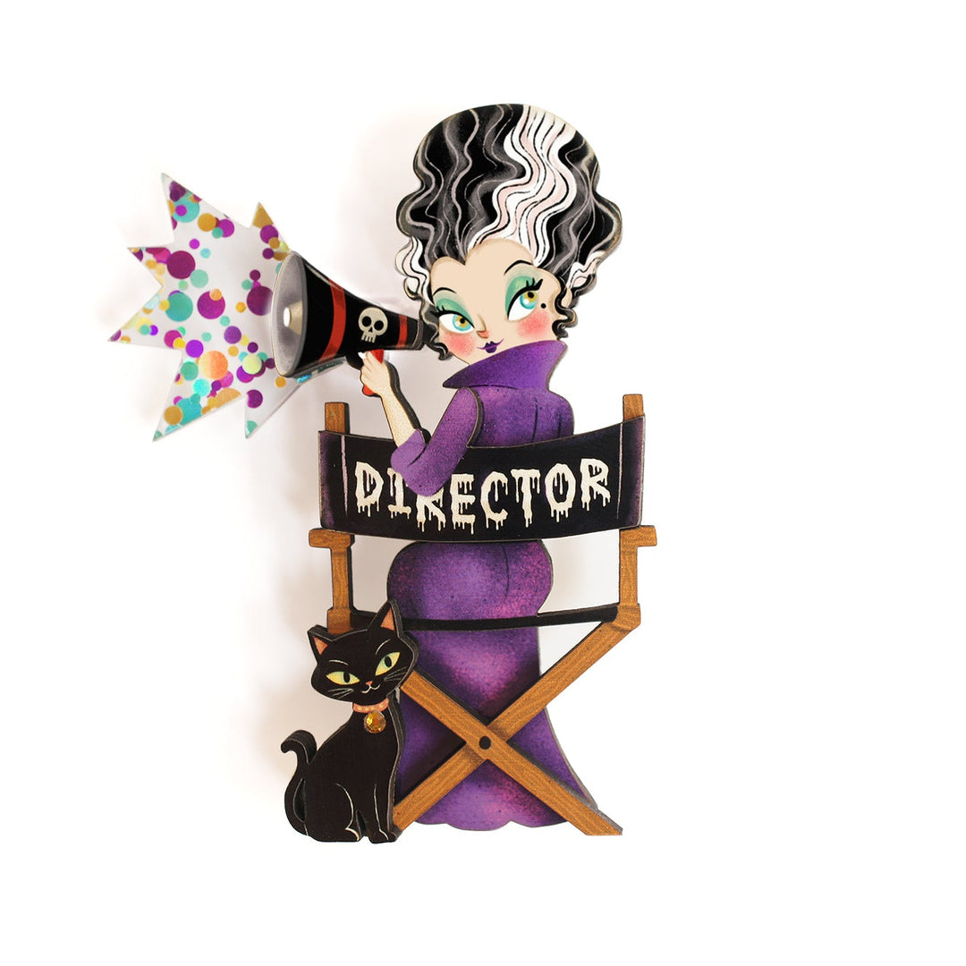 Bride of Frankenstein horror film director brooch — classic monster Halloween acrylic jewelry — LaliBlue Midnight Cinema