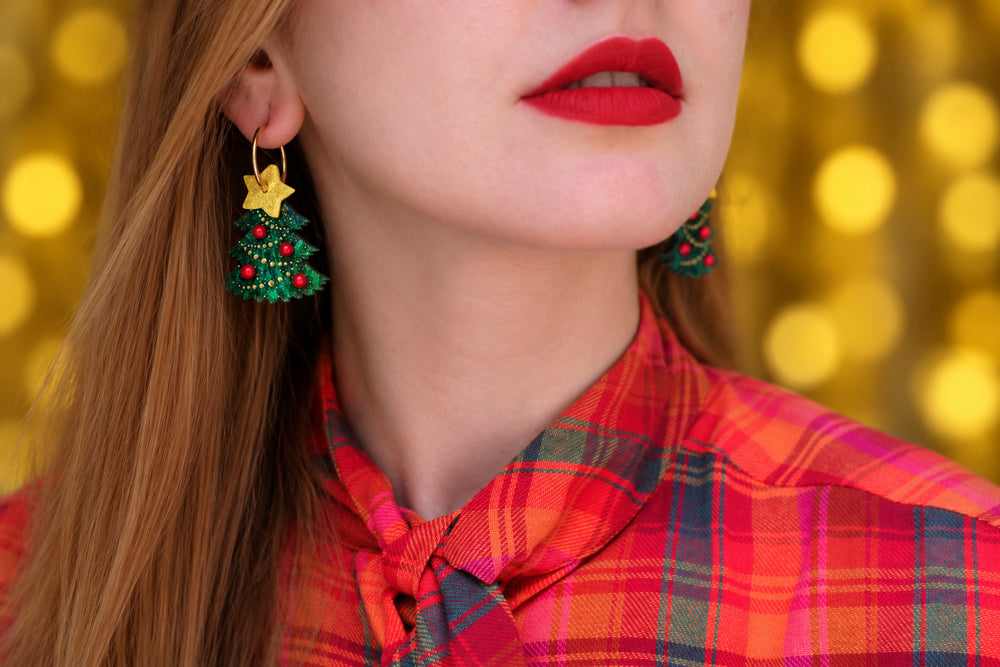 Decorated Christmas tree earrings detail, LaliBlue Christmas jewelry, star, glitter