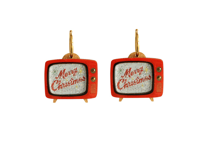 Retro Christmas TV earrings by LaliBlue: Christmas jewelry, vintage TV, Merry Christmas, glitter, hoop earrings, illustrated wood, pre-order