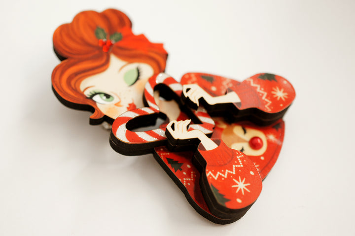 Candy cane girl brooch back with locking pin, LaliBlue Christmas jewelry