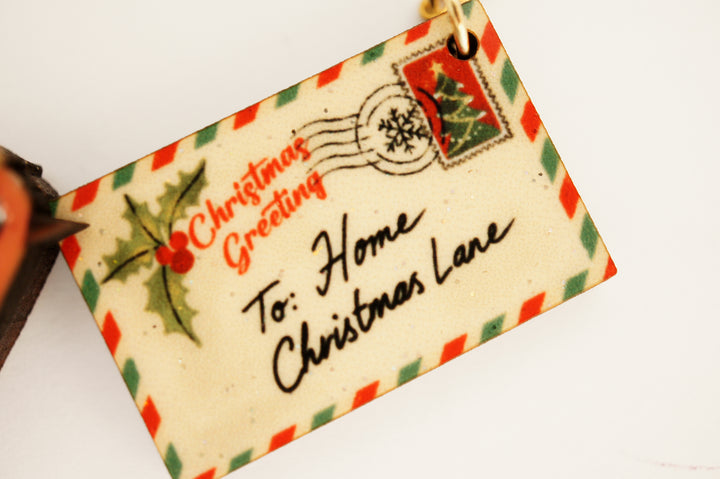 Swallow with Christmas card close up, LaliBlue Christmas jewelry, vintage
