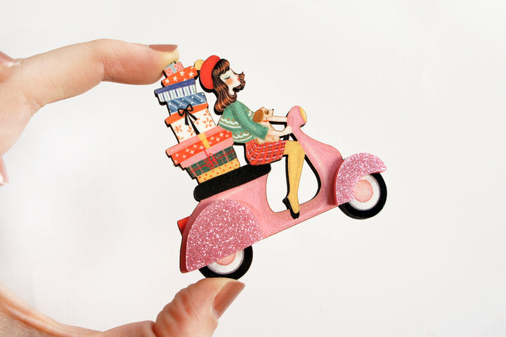 Girl on Scooter with Gifts Brooch by Laliblue
