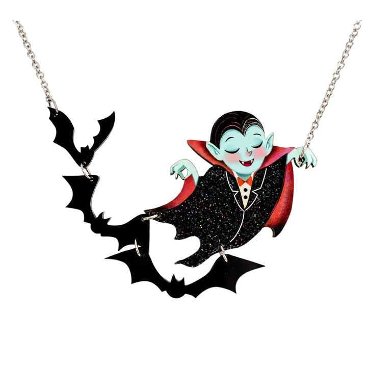Dracula vampire flying among bats articulated necklace — Halloween acrylic illustrated wood jewelry — LaliBlue Midnight Cinema