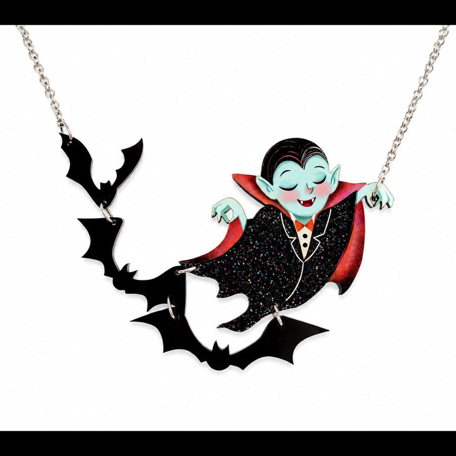 Dracula vampire flying among bats articulated necklace — Halloween acrylic illustrated wood jewelry — LaliBlue Midnight Cinema