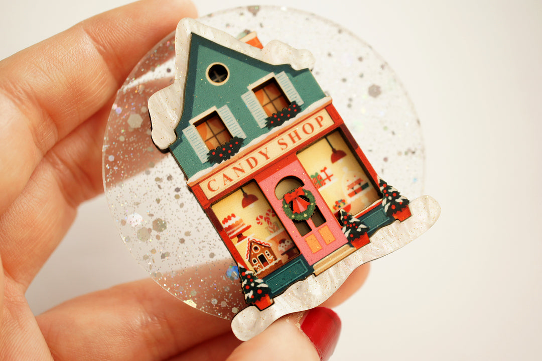 Sweet shop brooch worn, LaliBlue Christmas jewelry, snow globe brooch