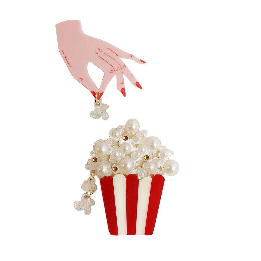 Popcorn bucket brooch set of 2 — Halloween cinema snack layered acrylic jewelry — LaliBlue Midnight Cinema