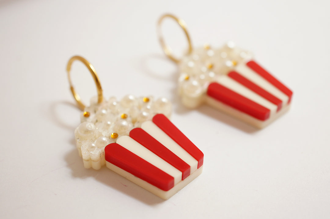 Cinema popcorn hoop earrings worn — gold hoop Halloween cinema acrylic jewelry — LaliBlue Midnight Cinema