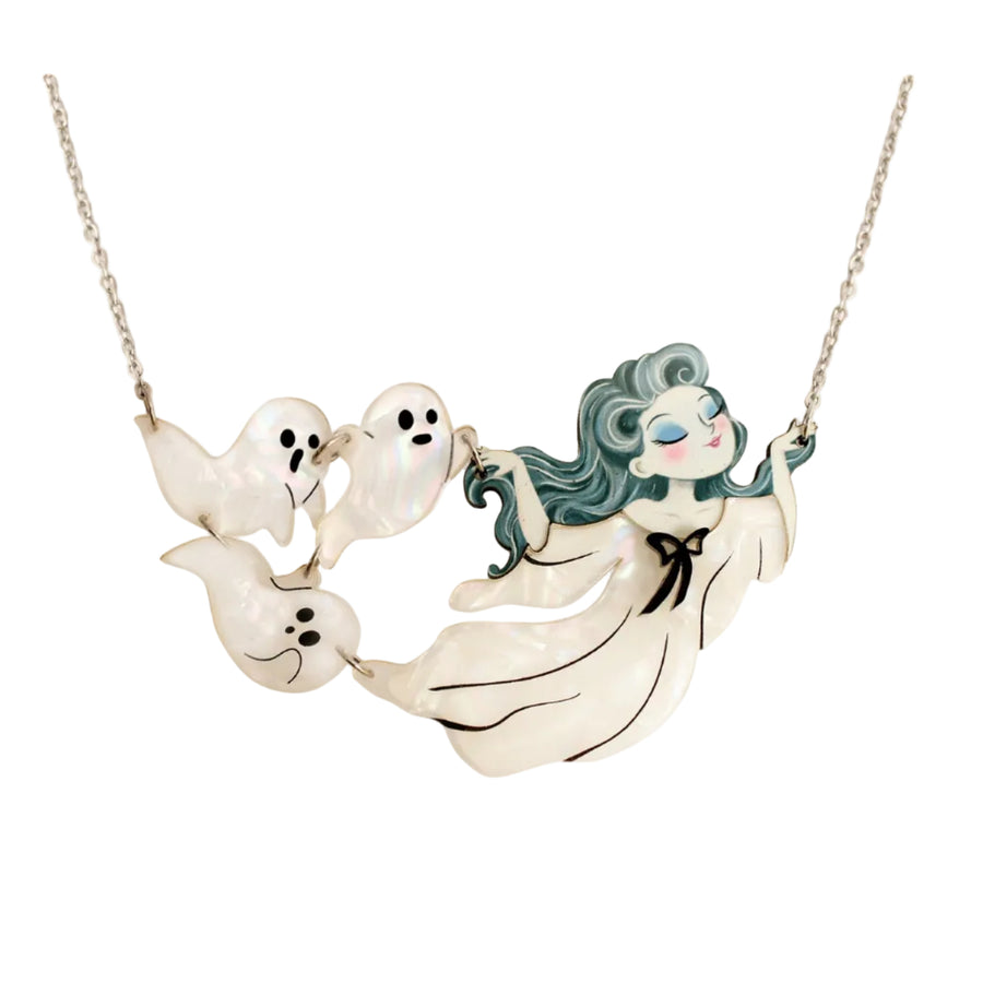 Ghost gang necklace with diva ghost girl leader and floating ghost crew — articulated Halloween jewelry — LaliBlue Midnight Cinema