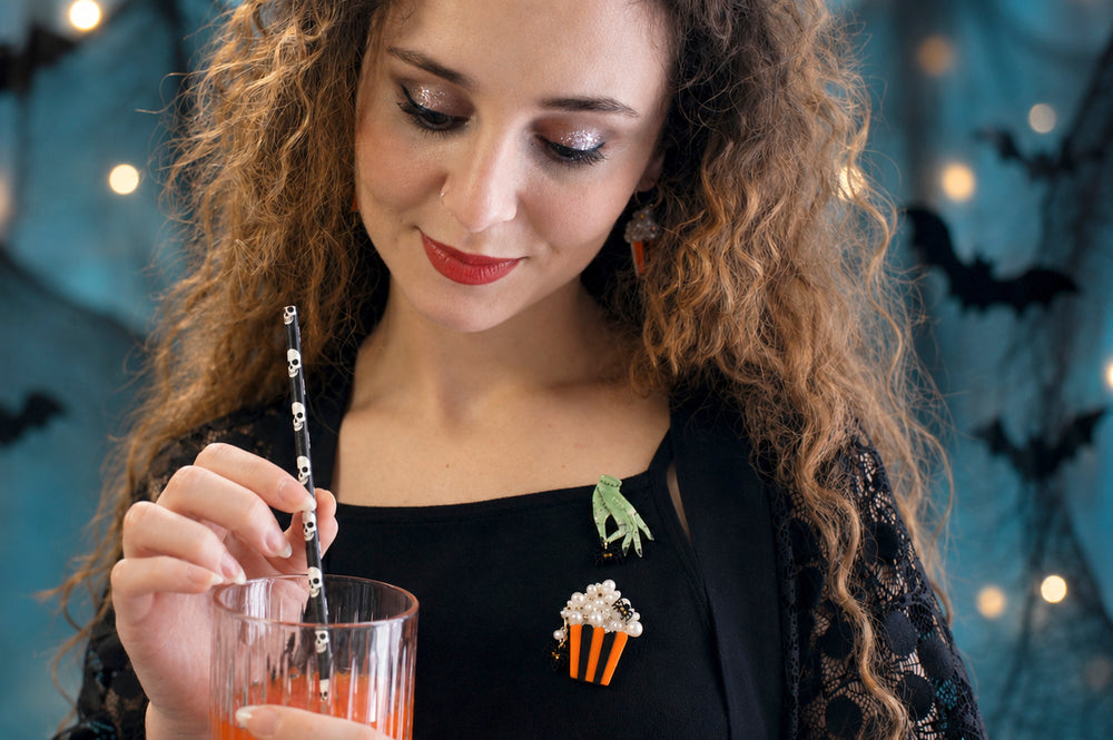 Layered acrylic Halloween popcorn brooch set — spooky cinema snack jewelry — LaliBlue Midnight Cinema