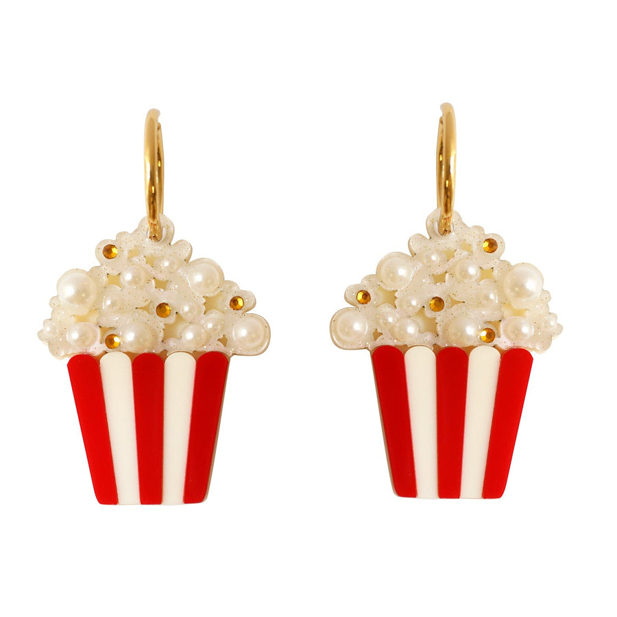 Gold hoop earrings with miniature popcorn bucket charm — Halloween cinema acrylic jewelry — LaliBlue Midnight Cinema