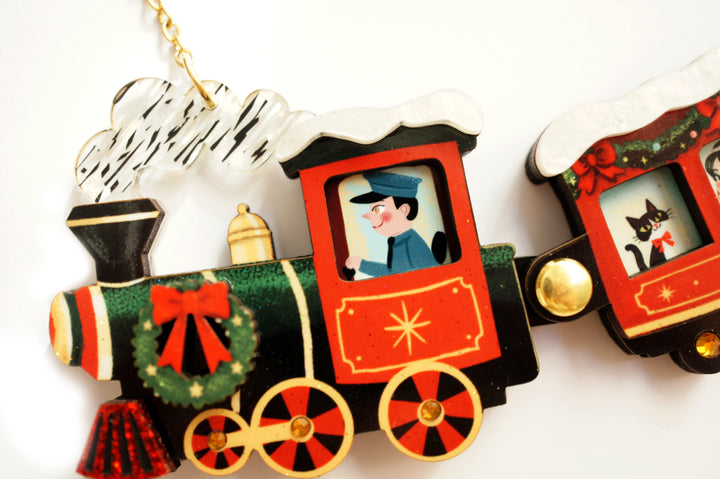 Christmas train engine close up, LaliBlue Christmas jewelry, illustrated wood