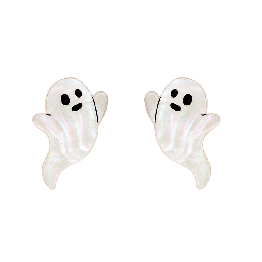 Pearlescent Halloween ghost drop earrings — acrylic spooky novelty jewelry — LaliBlue Midnight Cinema