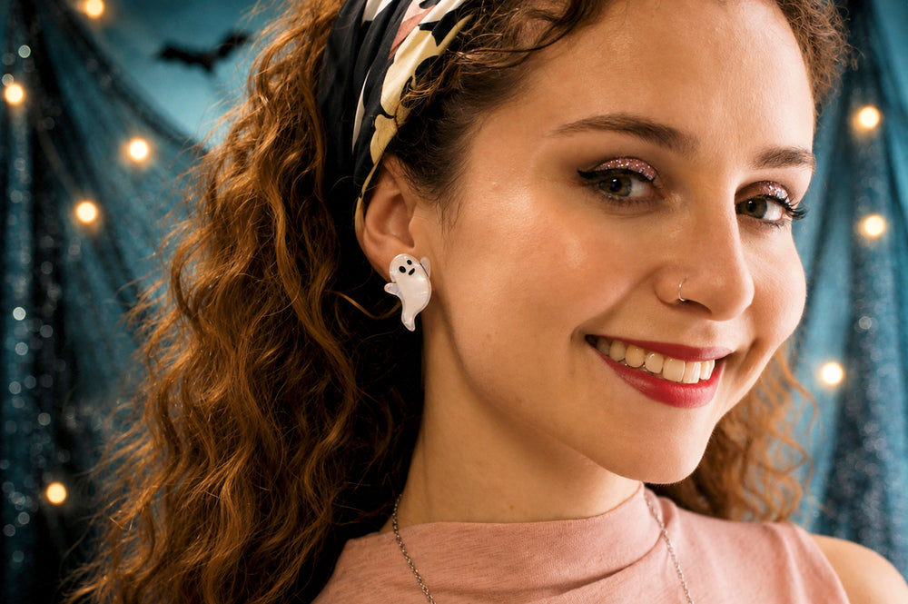 Pearlescent Halloween ghost drop earrings — acrylic spooky novelty jewelry — LaliBlue Midnight Cinema