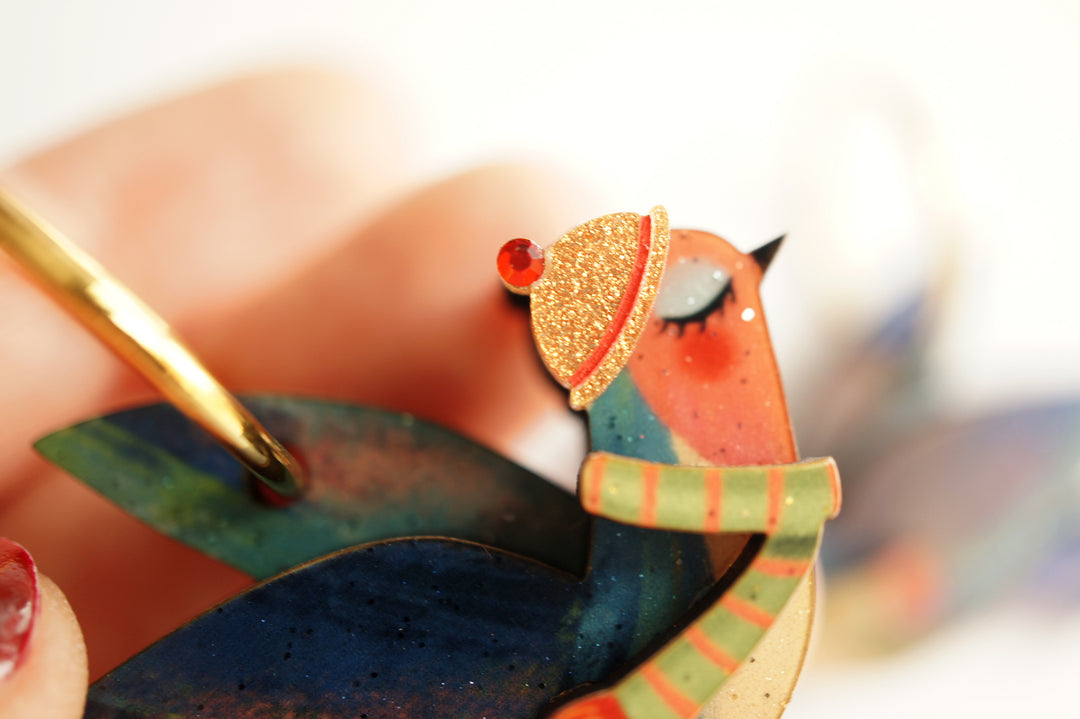 Winter birds hoop earrings, LaliBlue Christmas jewelry, gold tone, birds