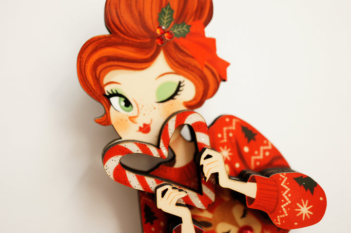 Candy cane girl brooch worn, LaliBlue Christmas jewelry, pin-up brooch