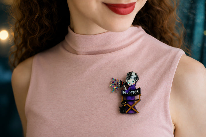 Bride of Frankenstein brooch worn — classic monster Halloween acrylic jewelry — LaliBlue Midnight Cinema