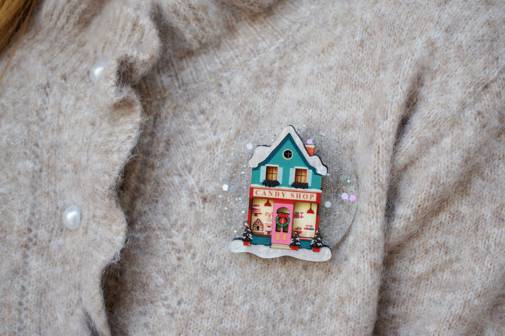 Sweet shop brooch layered close up, LaliBlue Christmas jewelry, vintage