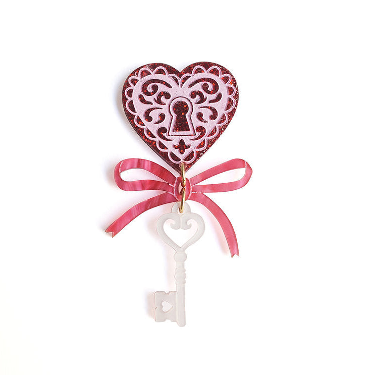 Heart with Key Brooch by Laliblue – Retro Kitschy Statement Brooch for Collectors by Laliblue, retro statement brooch, vintage-inspired design from Lipstick & Chrome