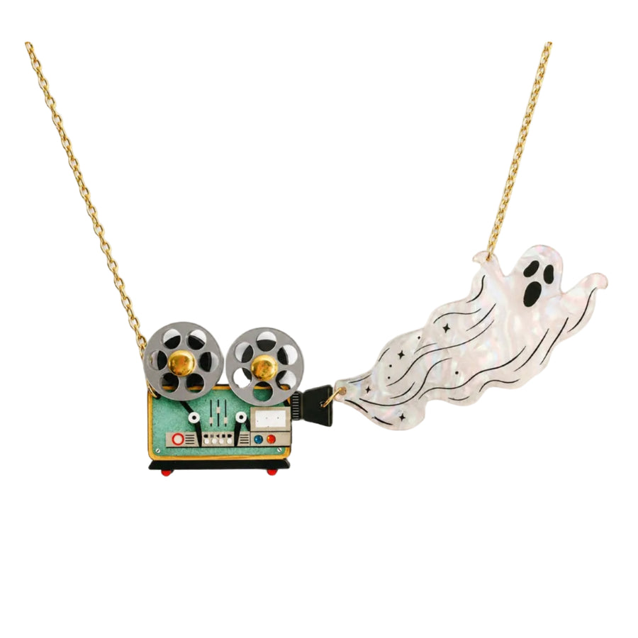 Ghost operating vintage film projector necklace — articulated Halloween cinema acrylic jewelry — LaliBlue Midnight Cinema
