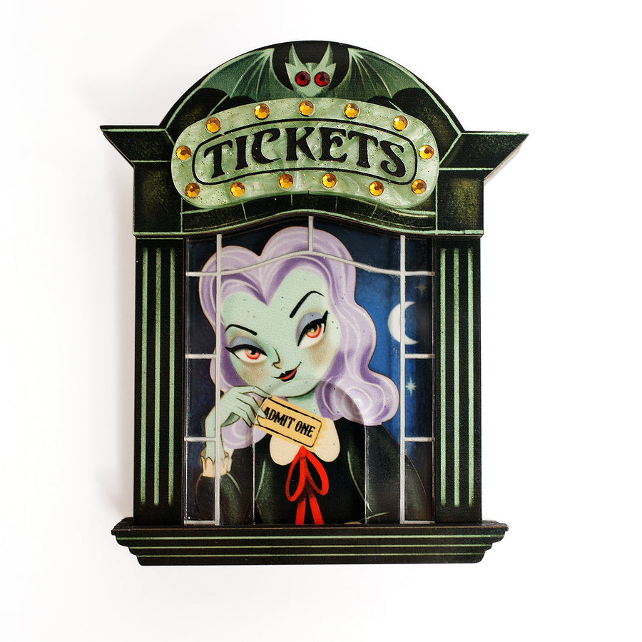 Vampire ticket booth Midnight Cinema brooch — Halloween movie theater acrylic jewelry — LaliBlue Midnight Cinema