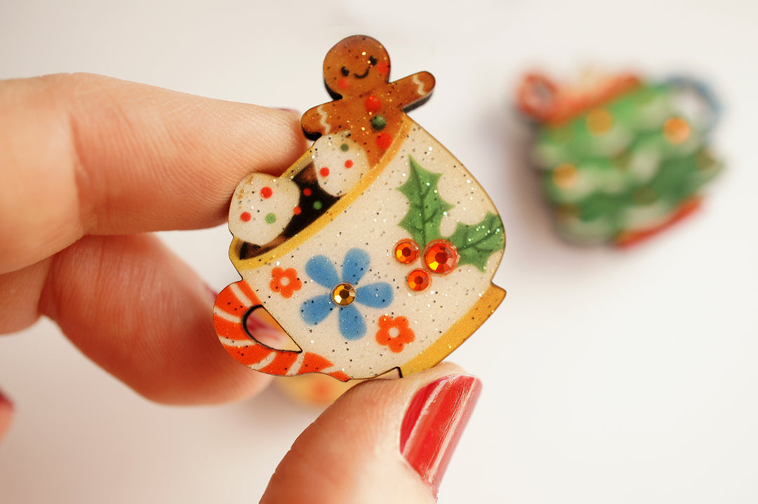 Christmas mug button covers on cardigan, LaliBlue Christmas jewelry, button cover