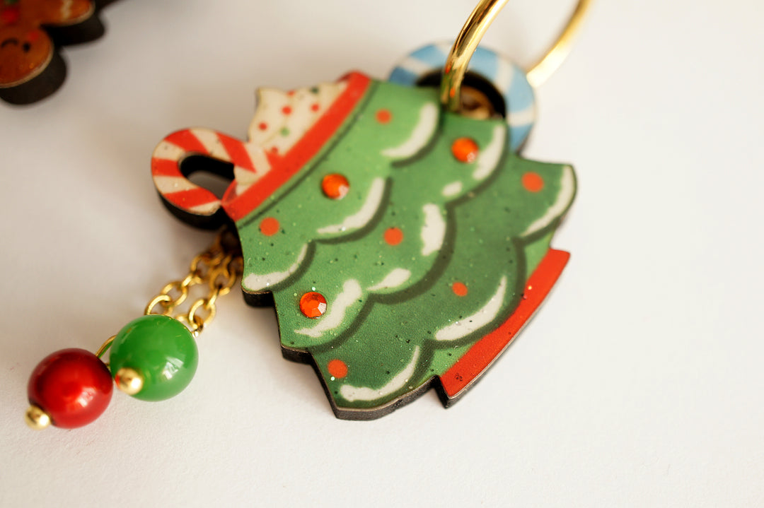 Christmas mug and tree hoop earrings, LaliBlue Christmas jewelry, acrylic jewelry