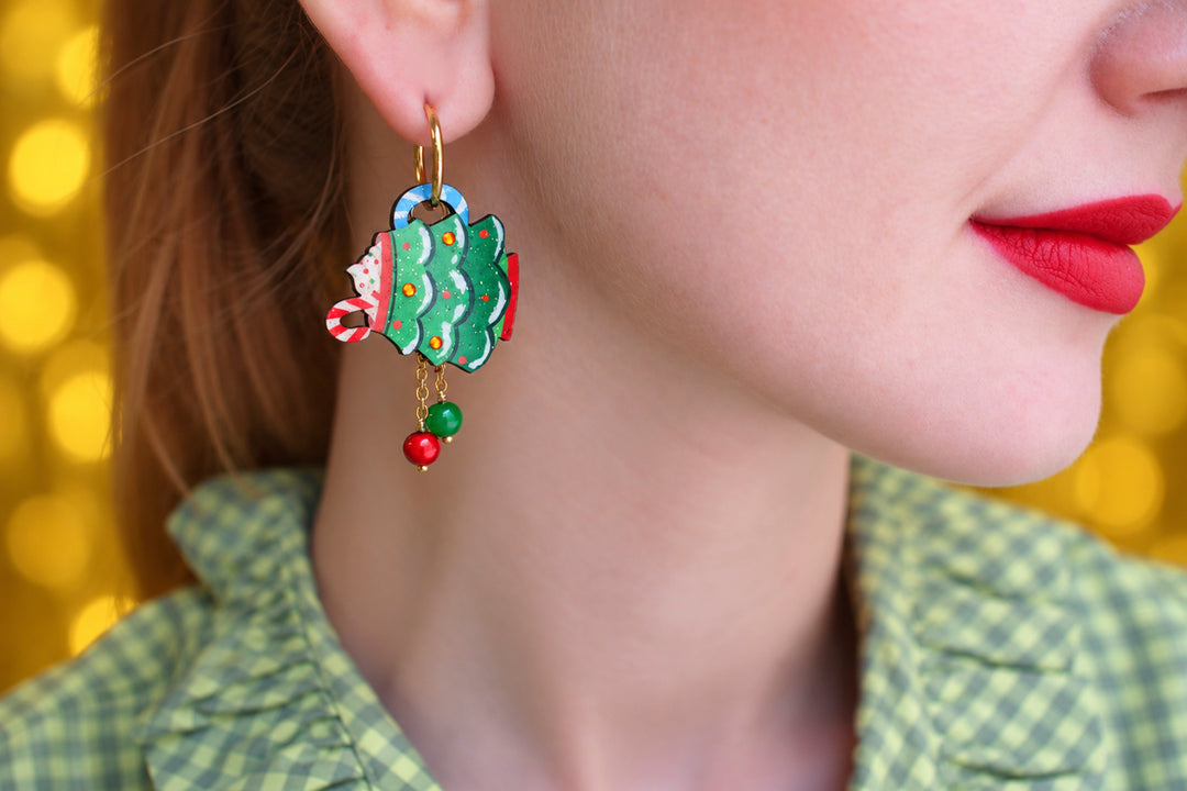 Christmas mug and tree earrings side view, LaliBlue Christmas jewelry, illustrated wood