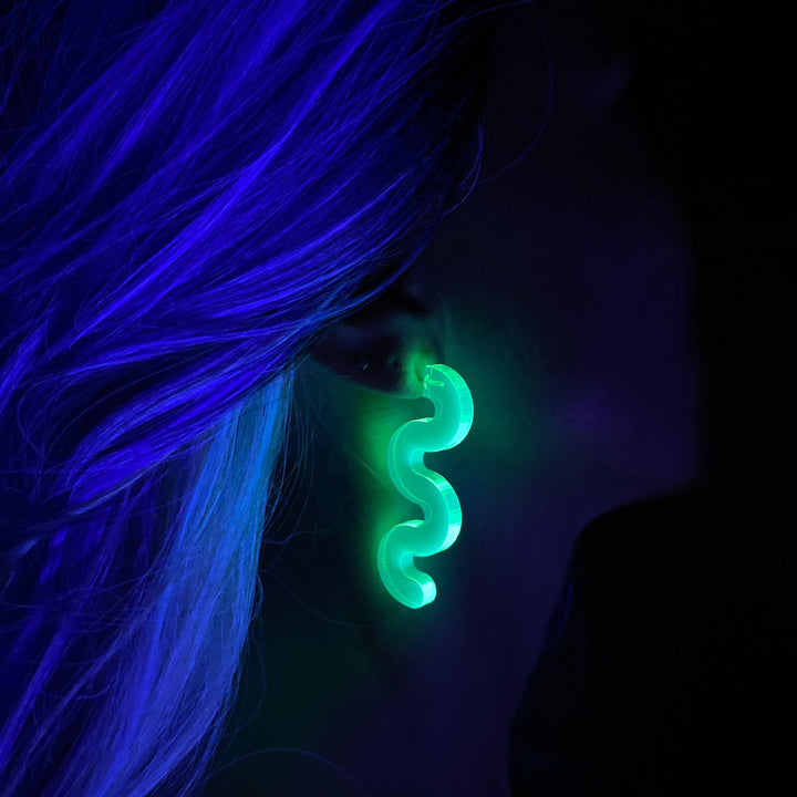 Chunky Squiggle Statement Earrings - Black Light Reactive Clear Green