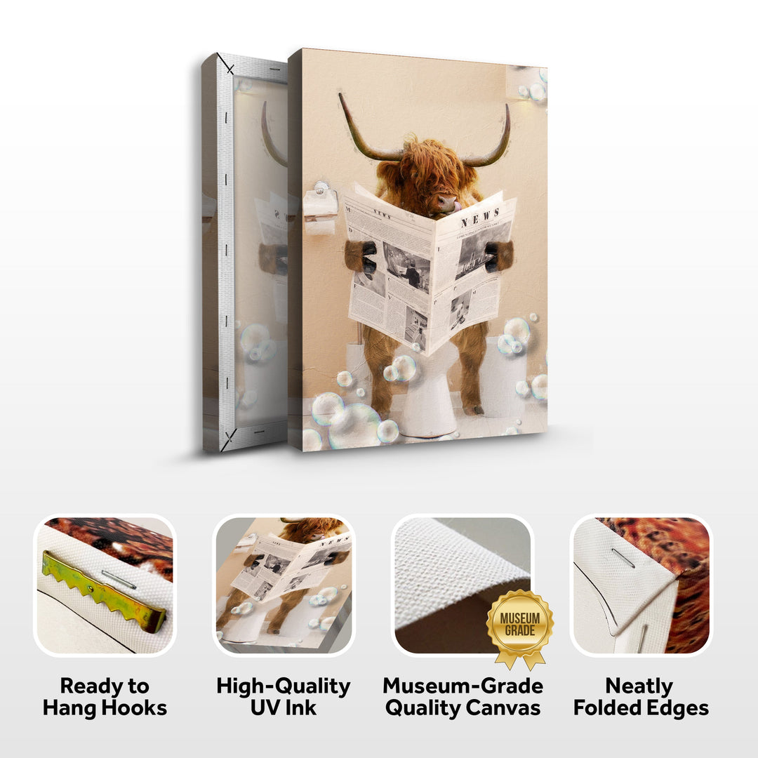 Highland Cow Reading Newspaper Canvas Wall Art