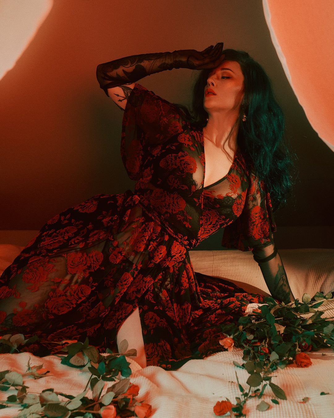 Aurora Wrap Dress in Flocked Red Roses