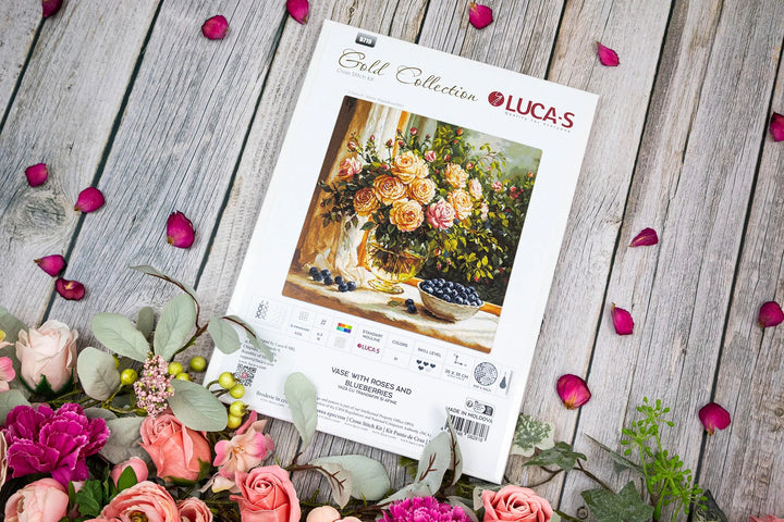 Vase with Roses and Blueberries Counted Cross-Stitch Kit by Luca-S B719L