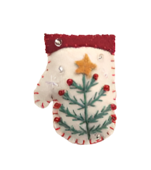 2" Felt White Mitten w/Green Tree Brooch