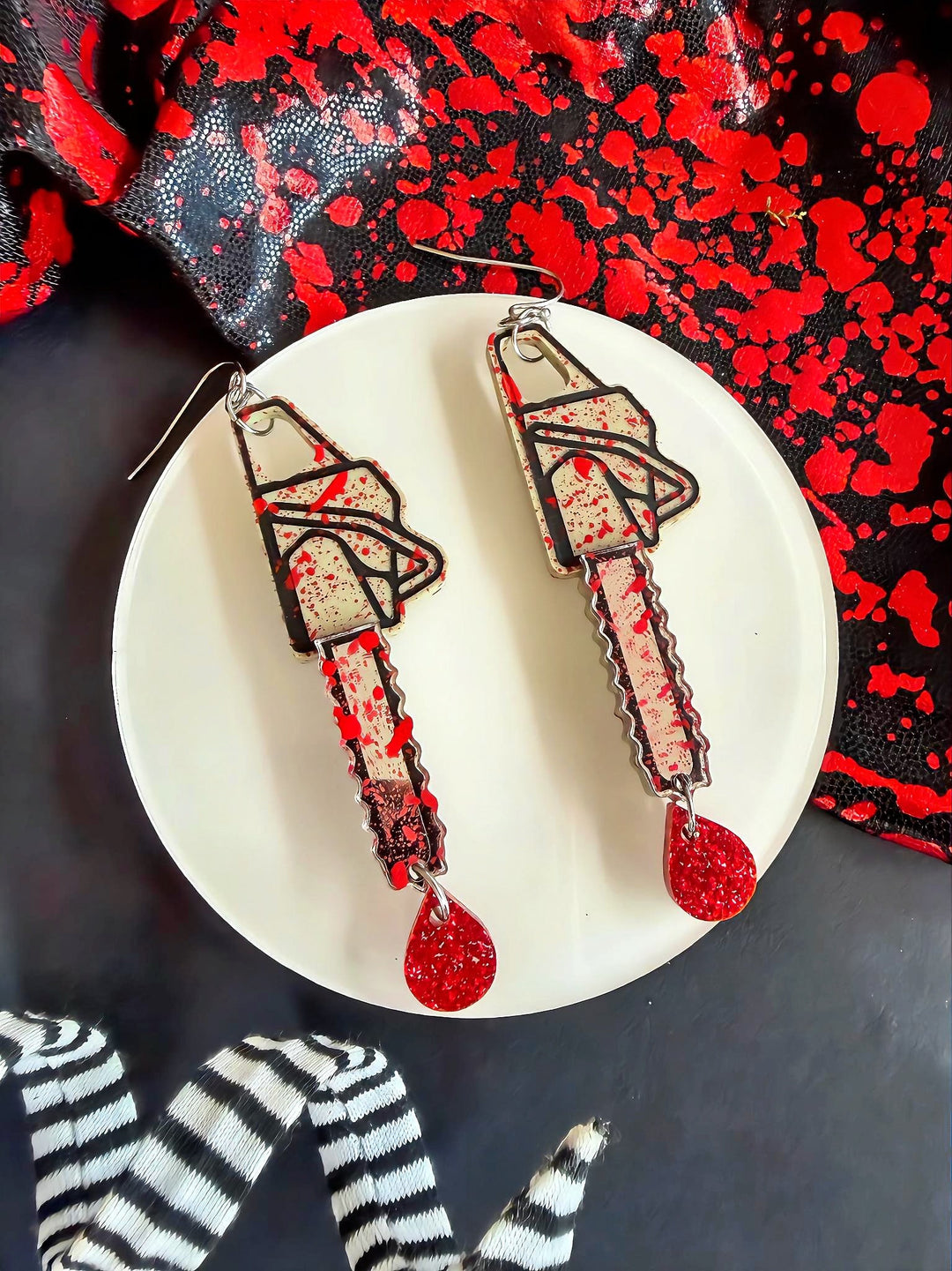 Bloody Chainsaw Earrings - Slasher Halloween Horror Dangle Jewelry