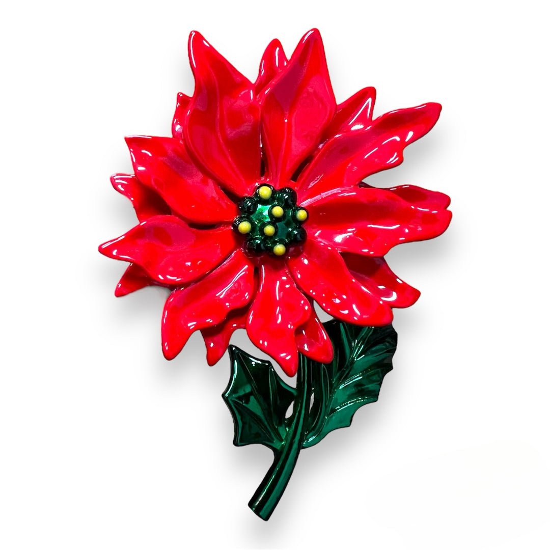 vintage enamel red poinsettia flower brooch