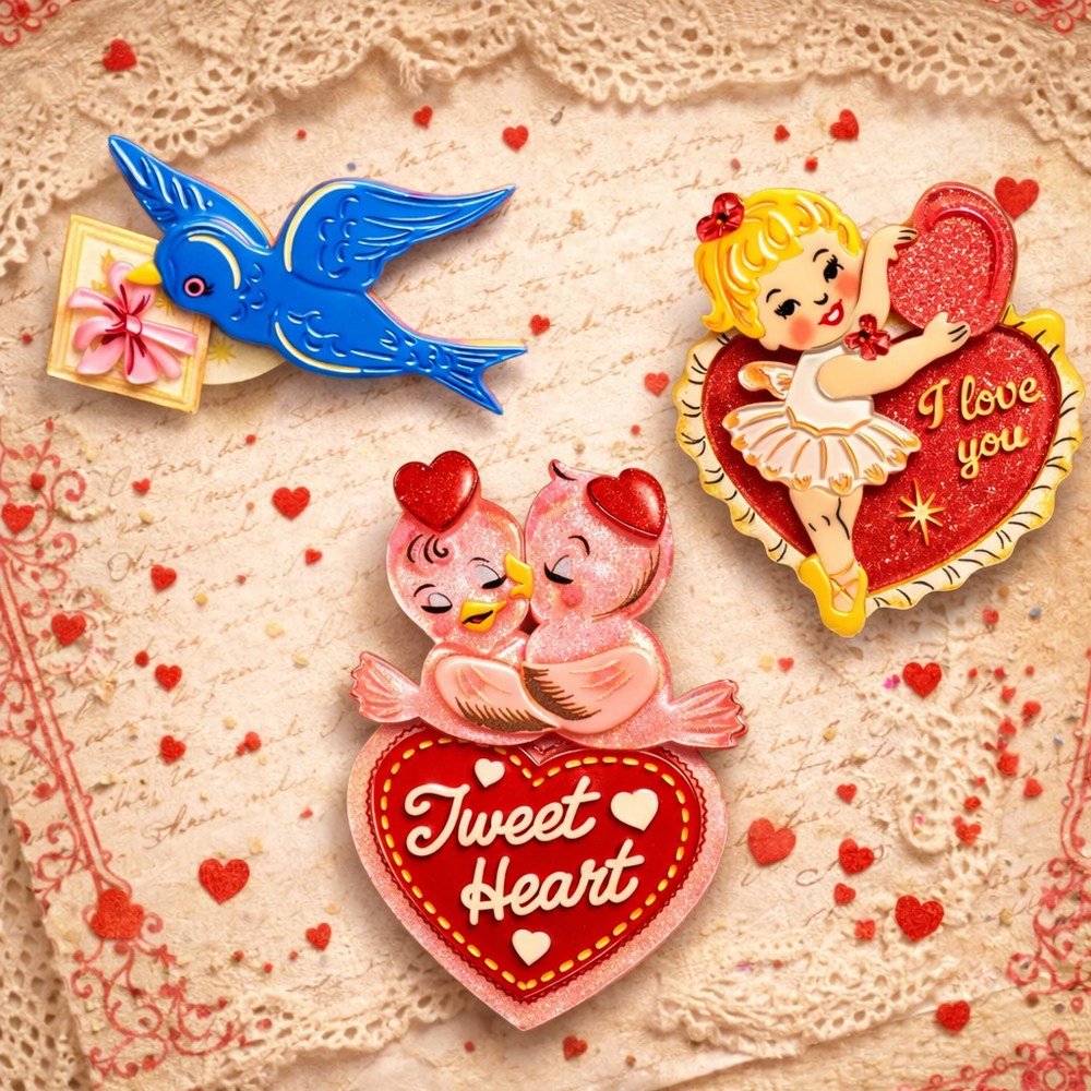 Be My Vintage Valentine brooch bundle — 50's Vintage Dame x Lipstick & Chrome retro Valentine collection