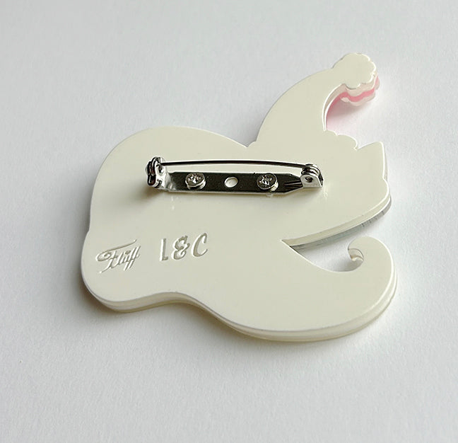 Christmas Cat Nap White Kitty Brooch by Miss Fluff and  Lipstick & Chrome photo featuring the locking clasp on back. 