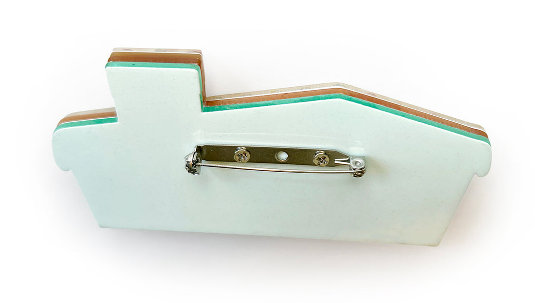 Back view showing the locking clasp of tghe Christmas MCM Dream House Brooch by 50's Vintage Dame and Lipstick & Chrome. Holiday Gingerbread pin.