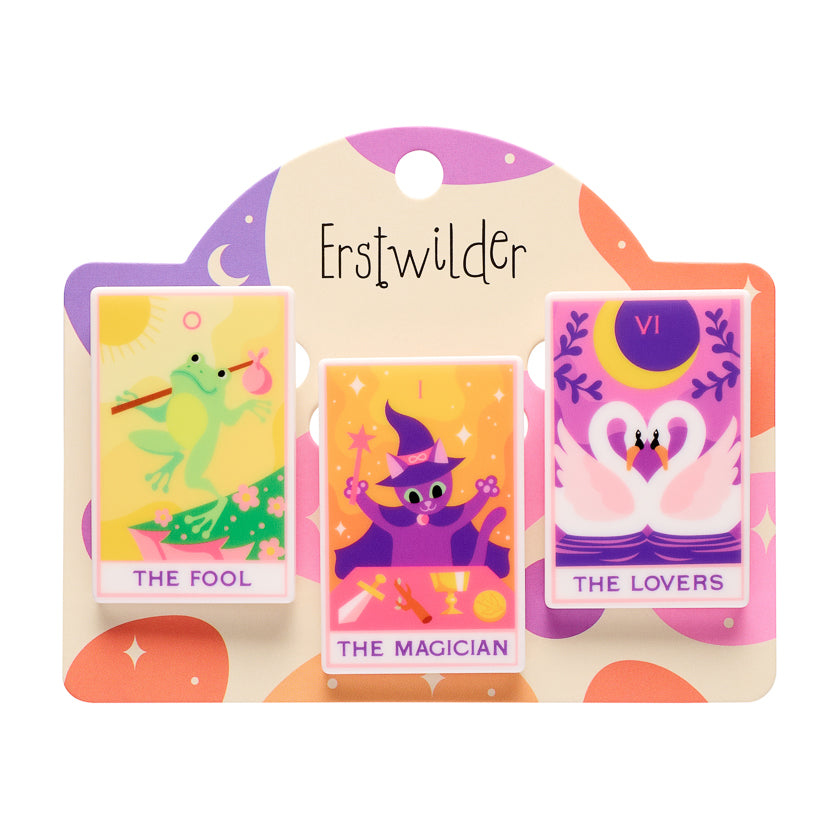 Tarot Simplified Mini Brooch Set 3 Piece by Erstwilder shown with gift box | Midnight Mischief Halloween Collection