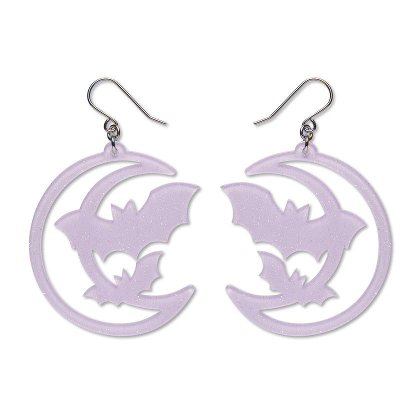 Moon and Bats Drop Earrings Purple by Erstwilder | Midnight Mischief Halloween Collection