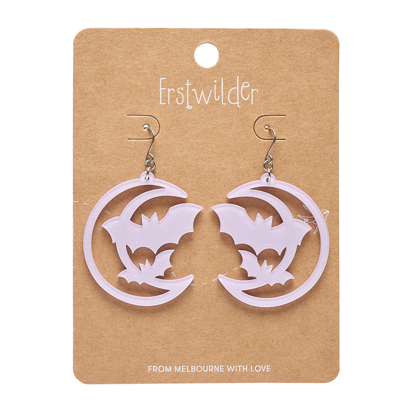 Moon and Bats Drop Earrings Purple by Erstwilder shown with gift box | Midnight Mischief Halloween Collection