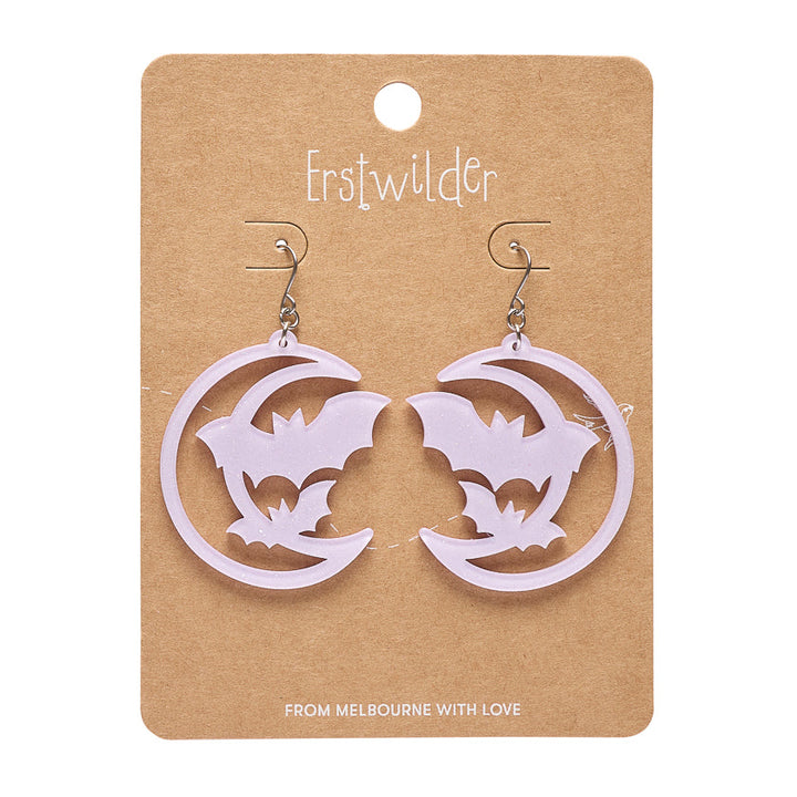 Moon and Bats Drop Earrings Purple by Erstwilder shown with gift box | Midnight Mischief Halloween Collection
