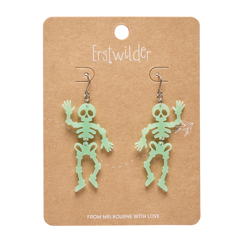Dancing Skeletons Drop Earrings Glow in the Dark by Erstwilder shown with gift box | Midnight Mischief Halloween Collection