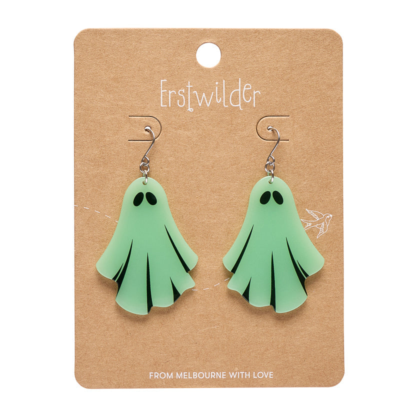 Ghostie Drop Earrings Glow in the Dark by Erstwilder shown with gift box | Midnight Mischief Halloween Collection